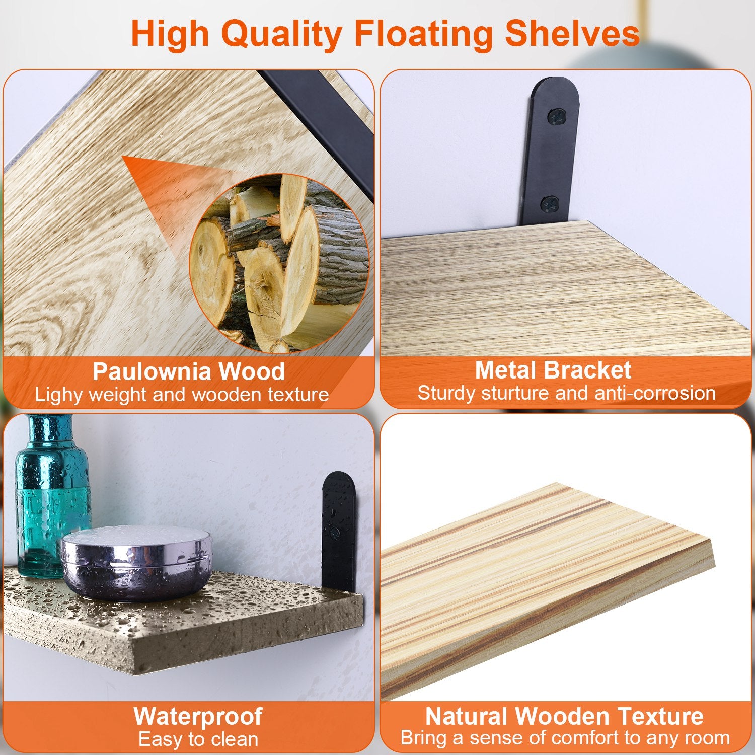 6 Sets Floating Shelves 15.74x5.74Inch Wall Mounted Shelves Wood Storage Shelves Metal Bracket Hanging Display Shelf Wall Organizer For Living Room Bathroom Kitchen Decor