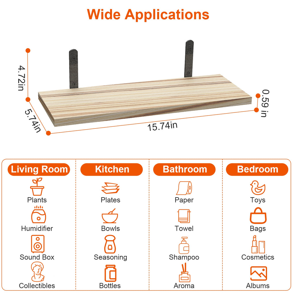 6 Sets Floating Shelves 15.74x5.74Inch Wall Mounted Shelves Wood Storage Shelves Metal Bracket Hanging Display Shelf Wall Organizer For Living Room Bathroom Kitchen Decor