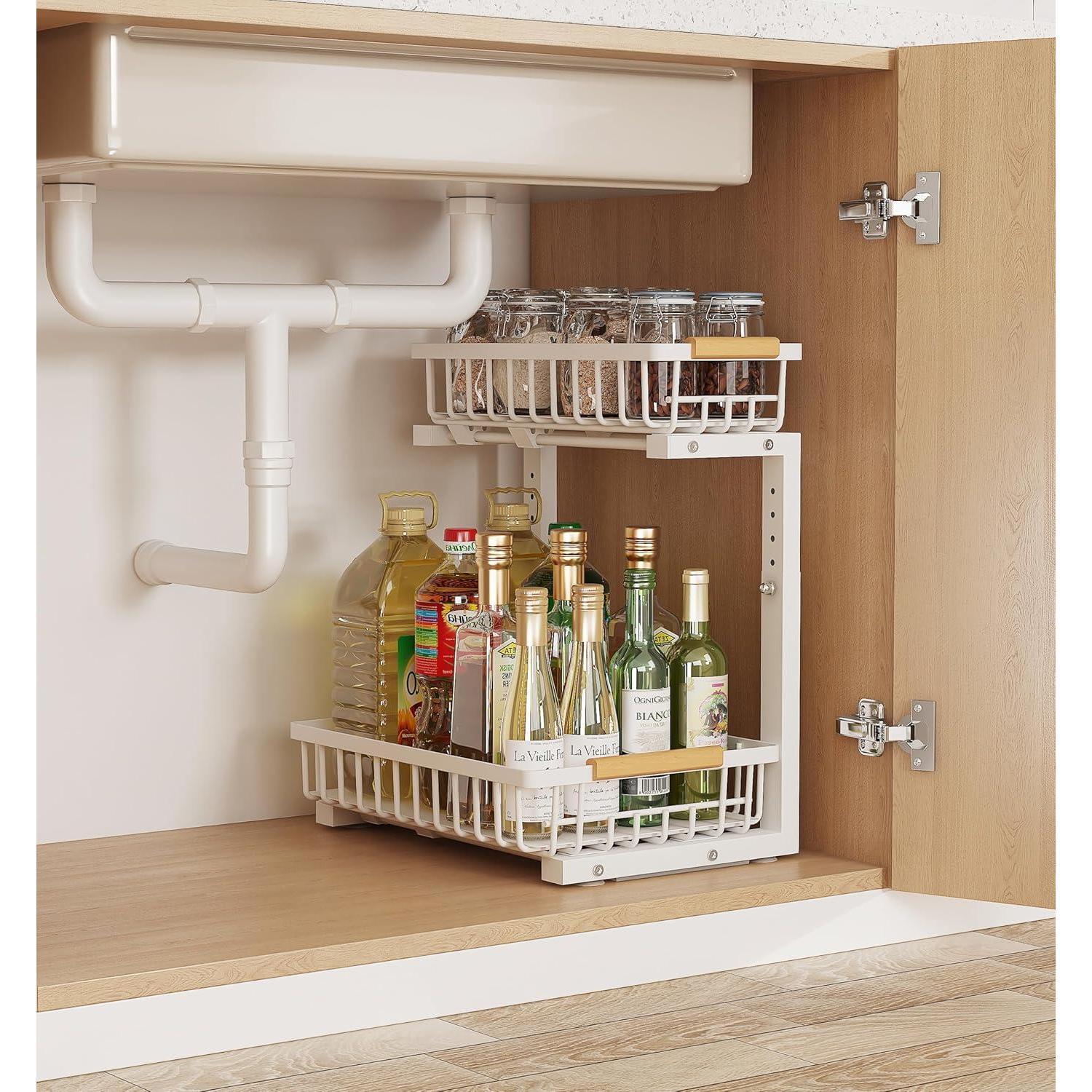 Metal Adjustable Height Two-Tier Drawer Kitchen Bathroom Under Sink Storage Rack